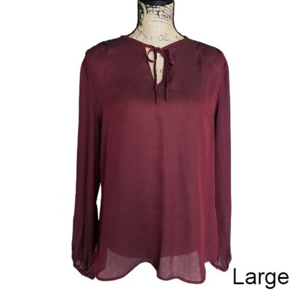 Women's Blouse Wine Red Long Sleeve Sheer Tie-Neck Blouse Large NWOT - Picture 1 of 8